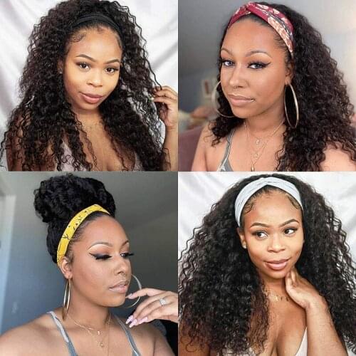 Headband Wigs Deep Wave Human Hair Wig 150% Density Brazilian Remy Machine Made Wig For Women Natural Color Pre Plucked