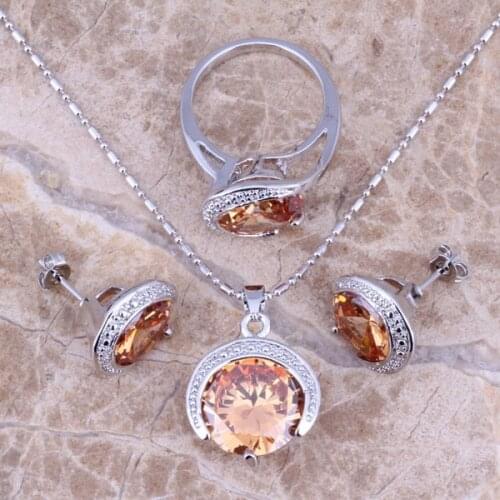 Champagne Morganite Silver Plated Jewelry Sets Earrings Pendant Ring Size 6 / 7 / 8 / 9 / 10 Free S0079