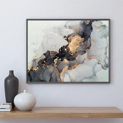 Luxury Abstract Black Gold Fluid Art Painting Canvas Pictures Modern Marble Agate Prints Poster Wall Pictures Living Room Decor