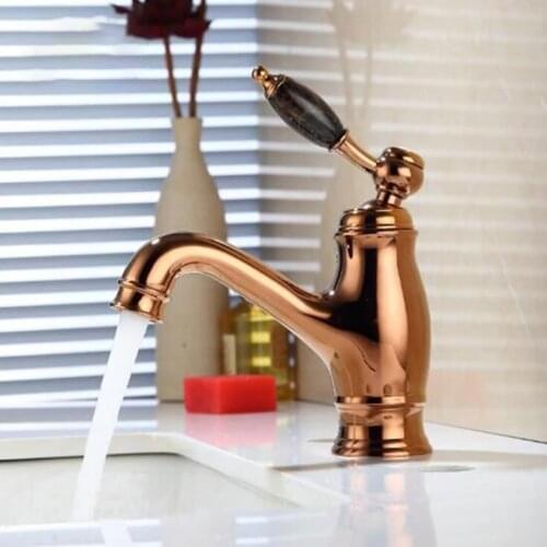 Bathroom Faucet Rose Gold Basin Single Jade Handle One Hole Lever Mixer Tap Hot and Cold Deck Mounted Faucet Supply Hose