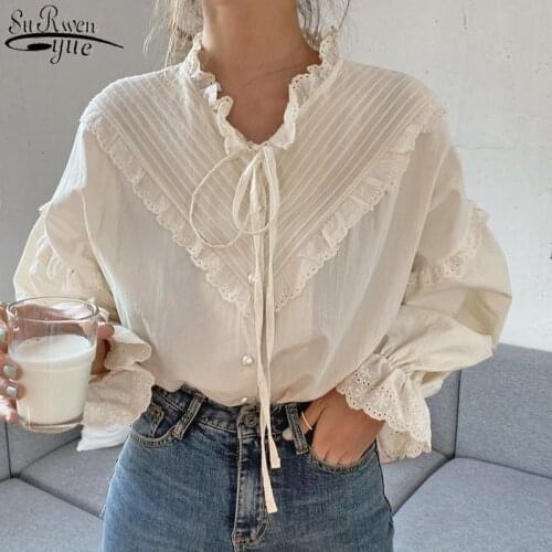 2021 New Women Hollow Out Vintage Casual Elegant Tops Women Shirts Solid Long Sleeve Korean Style Bow Loose Blouses Blusas 9580