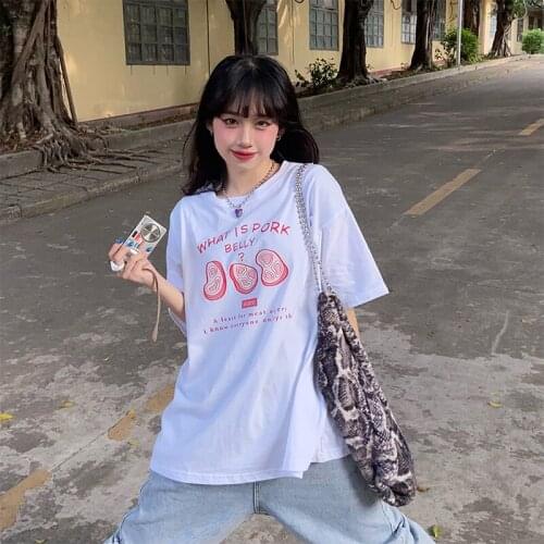 Loose O-Neck Womens T-Shirt Sweet Soft Girl Short-Sleeved Cotton Top Summer Japanese Kawaii Cute Cartoon Printing Clothing