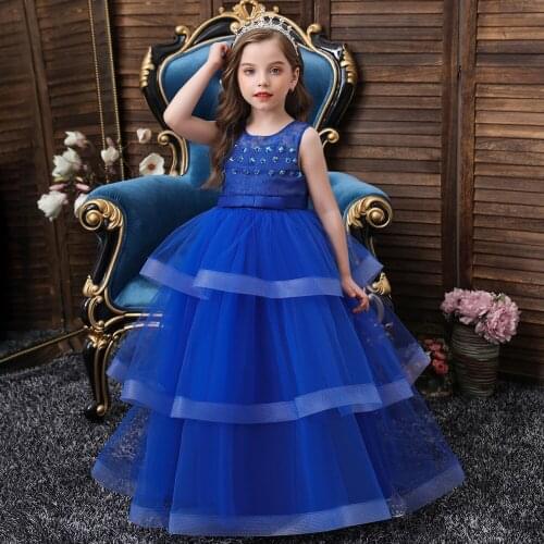 Spring, autumn and summer girls multi-layer net yarn beaded applique tutu skirt long girl catwalk show costume