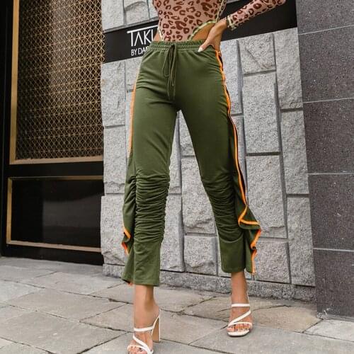 Green Tight Casual Pants Womens Ruffled Pleated High-waist Pencil Pants 2021 Autumn And Winter New Fashion High Street Overalls