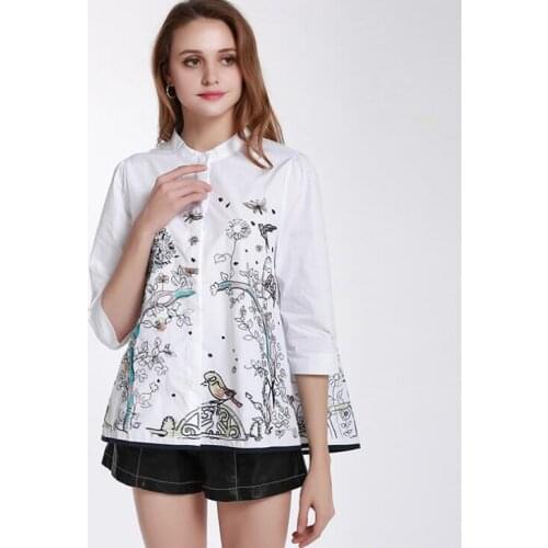 Womens spring autumn casual loose white cotton shirt ladys embroidery white blouse TB339