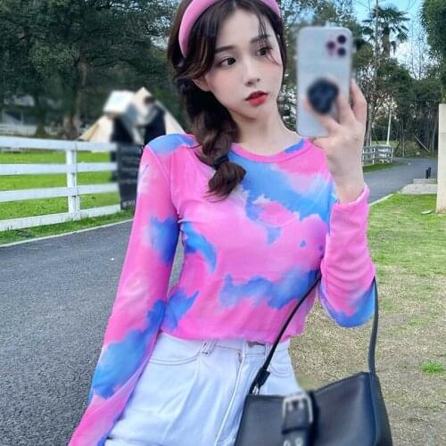 Spring Summer Tie Dyed Mesh Bottom Coat For Womens Round-Neck Sunscreen Breathable Long Sleeve Loose Thin Blouse