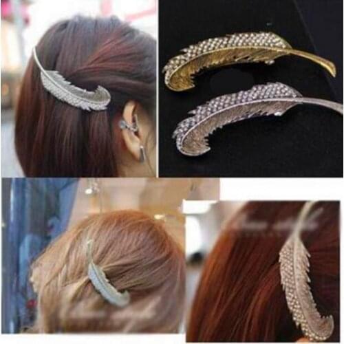 Ts175 New Style Simple Vintage Crystal Alloy Leaves Spring Feather Hair Clip Barrette Jewelry Women Tiara Accessories 1 pcs