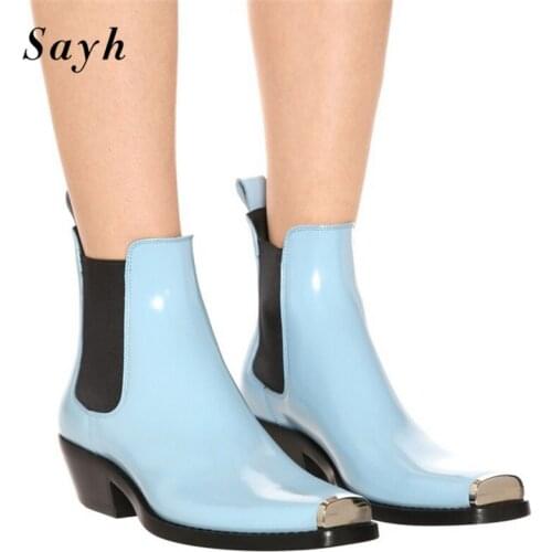 Women Ankle Boots Patchwork Leather Suede Metal Toe Low Heels Rome Punk Modern Boots Chelsea Booties Shoes