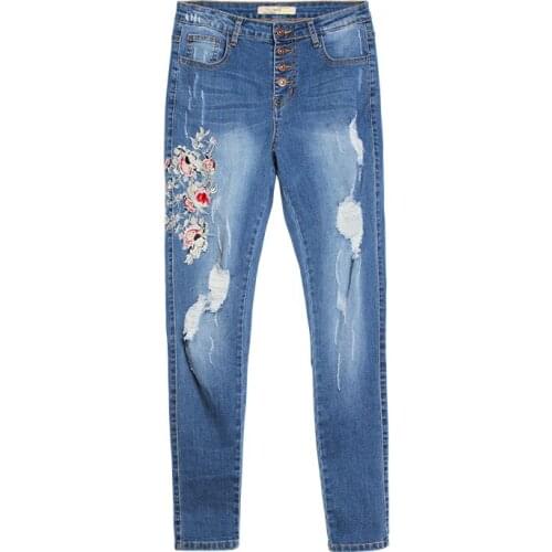 Women Jeans Embroidery High Waist Washed Blue Denim Pants Ripped Hole Slim Skinny Elastic Single Breasted Female Trousers C3073
