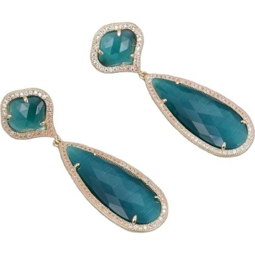 GG Jewelry Natural Gold Color Plated CZ Flower Green Cats eye Leverback Earrings Cute For Women Lady Girl Gift Jewelry