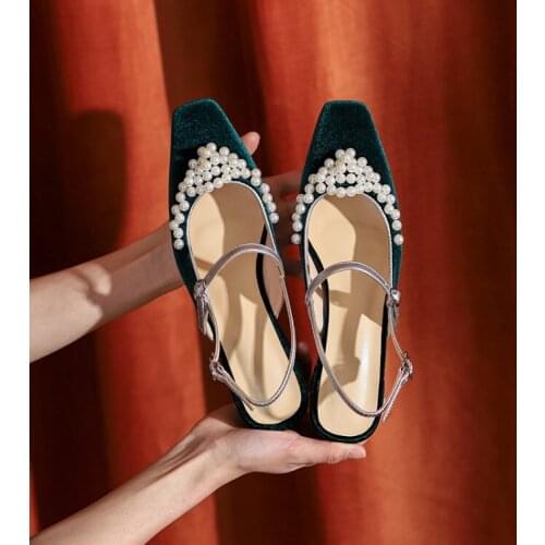 2021Spring Women Square Toe Pumps Vintage Green Shallow Med Heels Pearl Decors Slingback Lady Sandals Wine Red Chaussure Femmes