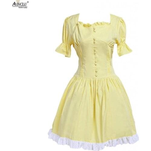 Middle-Long Dress Ainclu Womens Yellow Cotton Lace Square Neck Short Sleeves A-line Lolita One-Piece/Dress for Party/Casual