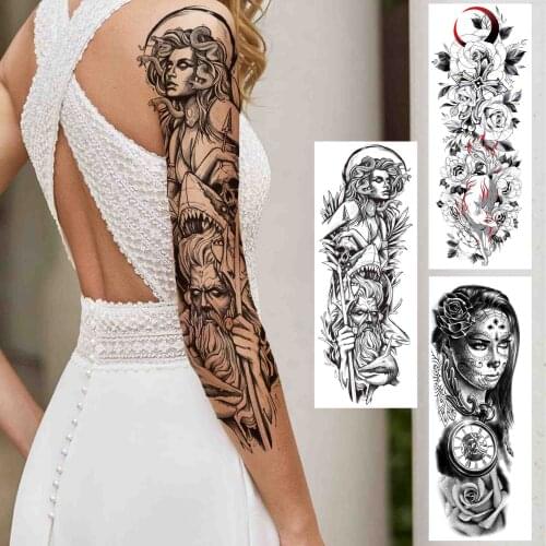 Snake Evil Witch Girl Temporary Tattoo Sleeve For Women Men Adult Fake Warrior Compass Flower Tatoo Full Arm Tattoo Sticker Big