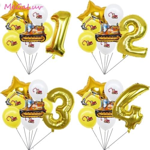 18pcs Excavator Vehicle Truck Balloon Baby Shower Boys Construction Birthday Party Supplies Cars Tractor Fire Number Balloons