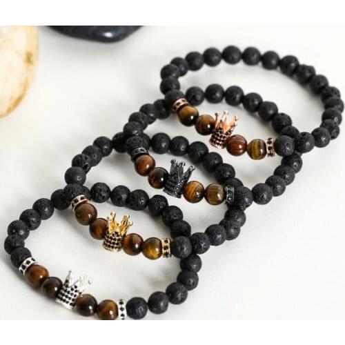 8mm jfg gold silver Copper cz zircon cubic zirconia elastic adjusted Charm stone black stone volcanic Crown lava Bracelet