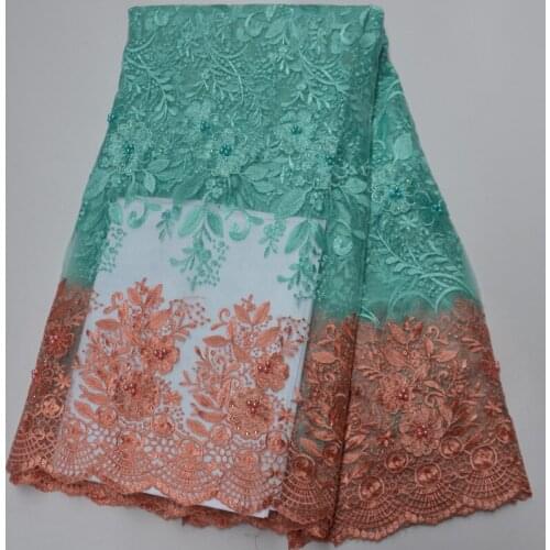 Free shipping (5yards/pc) Beautiful mint green African French net lace fabric with embroidery and beads for party dress FLP238
