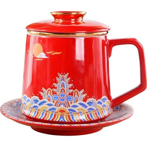 Enamel Teacup Ceramic Personal Office Water Cup with Lid Tea Separation Filter Household Large Capacity Male Tea Mug