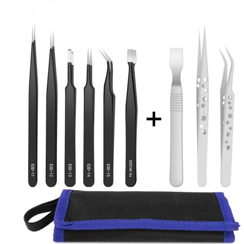 Esd-11-12-13-4-15 industrial electrical tweezers 9-hole stainless steel precision tweezers set
