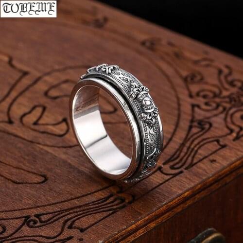 100% 925 Silver Tibetan Spinning Ring Vintage sterling Tibetan Six Words Ring buddhist Vajra Dorje Ring Good Luck Jewelry