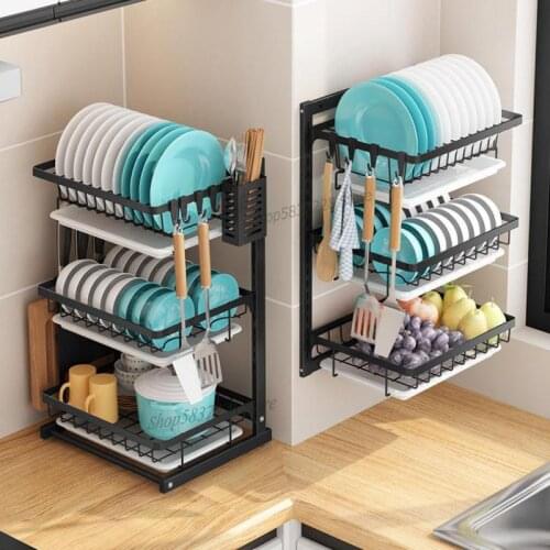 Stainless steel kitchen shelf black no punch hole put dish rack wall-mounted drying dishes drain rack dish rack floor