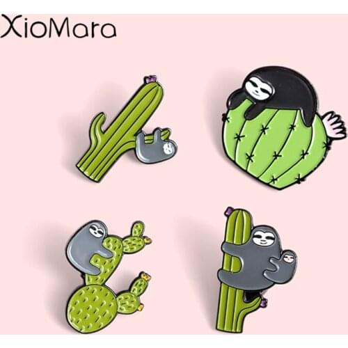 Sloth Family ! Cute Cartoon Flash Cactus Sloth Animal Jewelry Hard Enamel Brooches Lapel Pins For Friends Kids