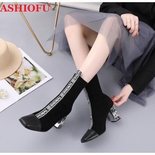 ASHIOFU Hot Sale BHDNAL Handmade Ladies Boots Real-pics Classic Party Black Ankle Booties Crystals Heels Evening Fashion Boots