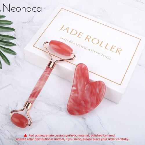Red Pomegranate Crystal Roller Guasha Scrape Board Set Unnatural Jade Roller Face Lift Massage Roller Skin Care Beauty Set Box