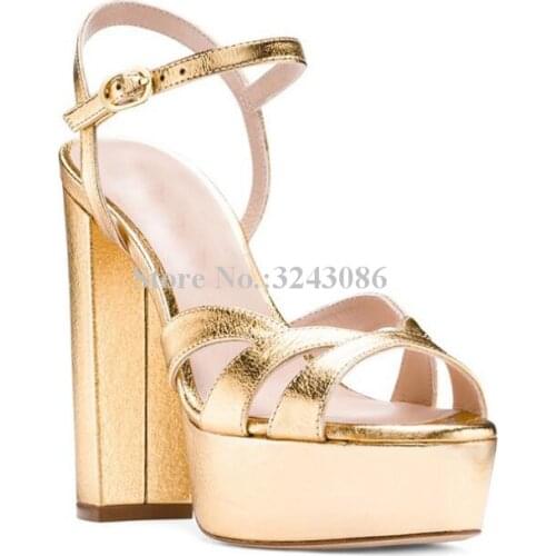 Fashion Gold Color Leather Platform Sandals Women Sexy Chunky Heel Snakeskin Leather Sandals Shoes Lady New Dress Sandals