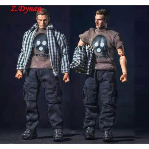 1/12 Scale Male Clothes for 6 inch TBLeague body jiaou dolls Long sleeve Plaid shirt coffee T shirt black overalls pants set