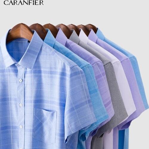 CARANFIER Mens Dress Shirt Solid Color Overalls Leisure Summer Short Sleeve Slim Tops Quality Cotton Fashion Male Shirts Camisa