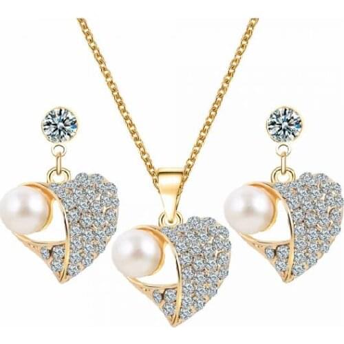 Na1026 Europe Bohemia Bride jewelry imitation pearl crystal alloy Heart-shaped necklace earring wedding jewelry set