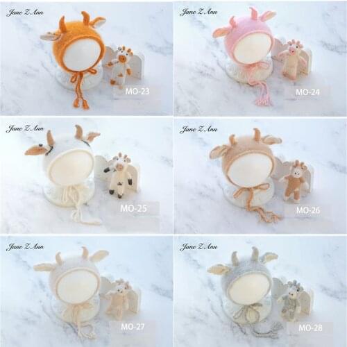 New arrival newborn baby cute hat +knitted doll ox year studio shooting photo accessories multi-colors