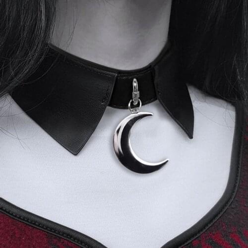 PU Leather Pendant Necklace Patchwork Gothic Punk Metal Moon Cosplay Fashion Women Cool Harajuku Jewelry Black Choker Necklaces