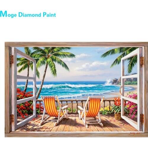 Scenery Outside the Window Diamond Painting Round Full Drill Beach Scenic Coconut Tree DIY Mosaic Embroidery 5D Cross Stitch