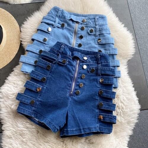 Stretch high-waist denim shorts women summer new style loose single breasted a-line wide-leg