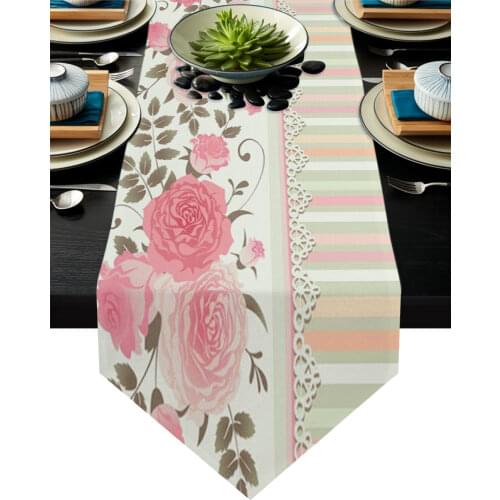 Rose Flower Pink Stripe Modern Table Runner Wedding Party Table Decoration Centers Of Dining Table Tablecloth