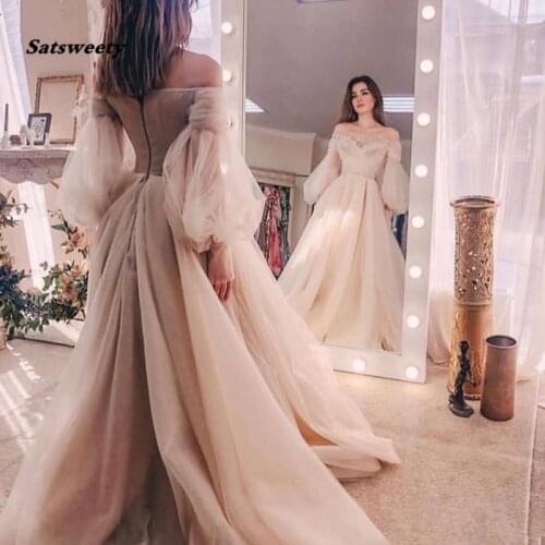 Ivory Evening Gowns Satsweety 2021 Organza Off the Shoulder Long Sleeves Formal Dress Robe De Soiree Abiye Prom Dresses