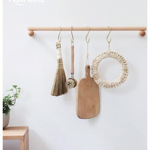 Solid wood kitchen towel bar bathroom wall hanging wooden creative multifunctional storage hanging rod