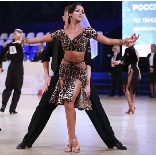 Leopard sexy Latin dance top skirt Rhinestone Latin dance competition costume salsa ChaCha Custom-made dance dress