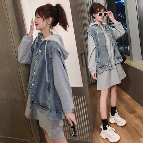Two-piece Women Vest Denim Jacket Plus Size Casual Sweatshirt Dresses Spring Autumn Clothes 2 Piece Set Hooded Gilet Female Coat