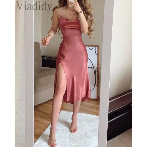 Women Sexy Summer Studded Strap Buttoned Design Midi Dress Solid Color Swinging Neck Side Slit Satin Party Dress