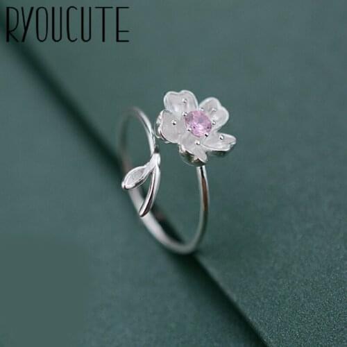 Vintage Silver Color Pink Flower Rings for Women Bijoux Gift Female Adjustable Size Finger Rings Anillos Wholesale