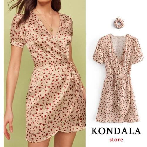 Women dress za 2020 floral print silk V-neck vintage mini dress short sleeve sashes dresses female elegant vestidos