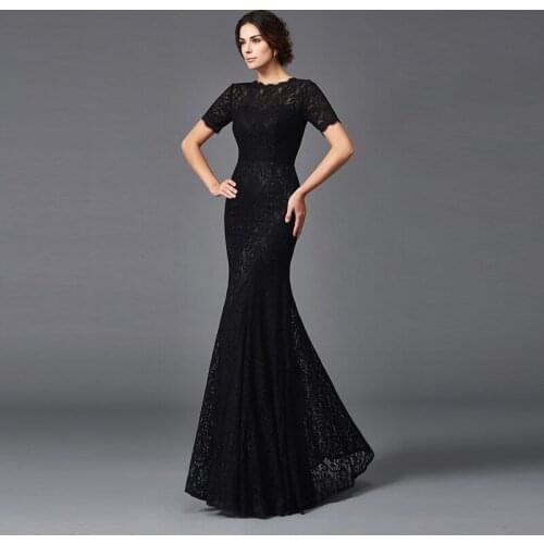 2021 Elegant Black Lace Mermaid Mother of the Bride Dresses Slim Short Sleeves Jewel Neck Wedding Party Gowns Floor Length