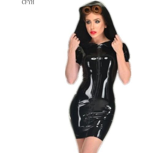 Women Sexy Wet Look Latex PVC Hooded Mini Dress Party Show Dress