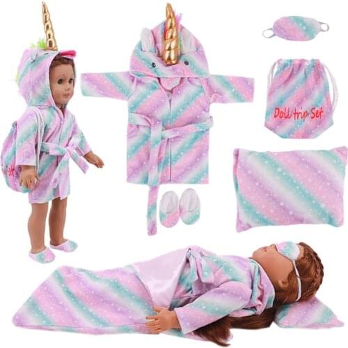 6Pcs Doll Sleeping Bag Bathrobes,Unicorn Jumpsuits,Sleeping Bag,Pillow,Mask,Slipper Fit 18Inch American&43CM Born Baby Girl Toys