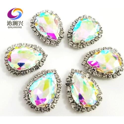 Free shipping Top grade Silver bottom Glass Crystal buckle,AB color Drop shape sew on rhinestones,Diy/wedding decoration SWSKY06