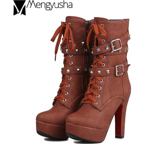Buckle belt platform botas winter leather shoes plush mid-calf boots women punk high heels rivets cross-tied motorcycle booties