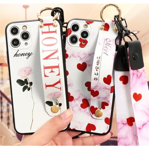 For iPhone 11 Pro XS MAX Fashion Flower Lanyard Stand Cover For iPhone SE 2020 7 8 6 S Plus X XR Wrist Strap Case TPU Love Heart