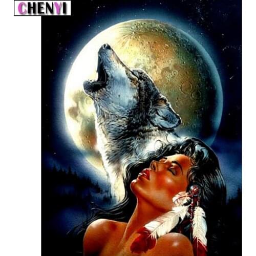CHENYI 5D Diamond Embroidery Full Square Moon Wolf and Beauty Diamond Painting Cross Stitch Crystal Mosaic By Number Wall Decor